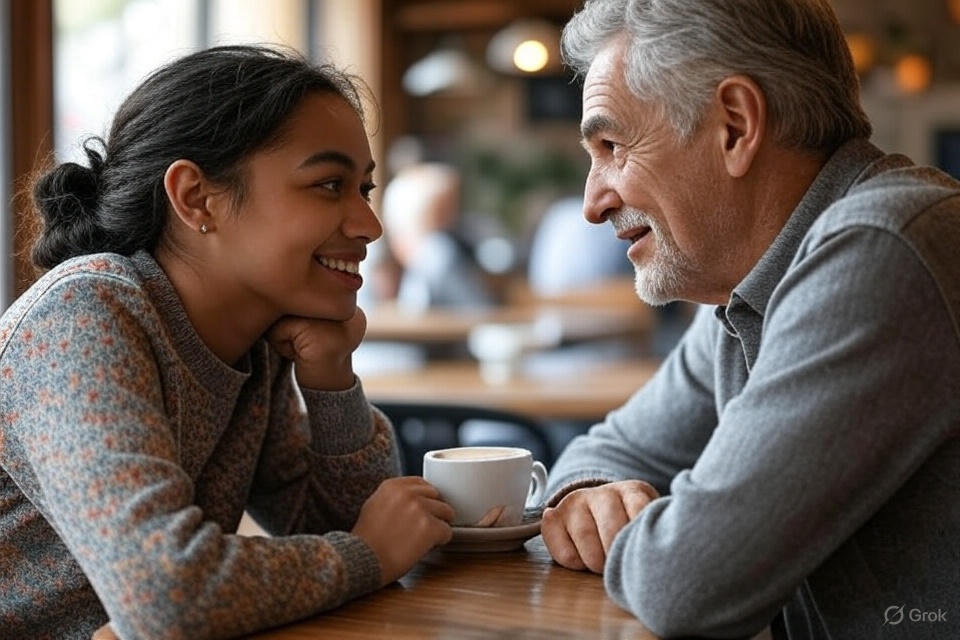 Two people having an empathetic conversation in a cafe.